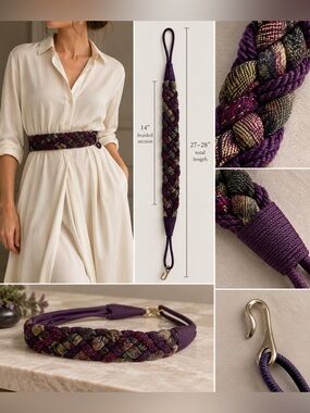 Braided Cord Statement Waist Belt Purple Metallic Multicolor Hook Closure